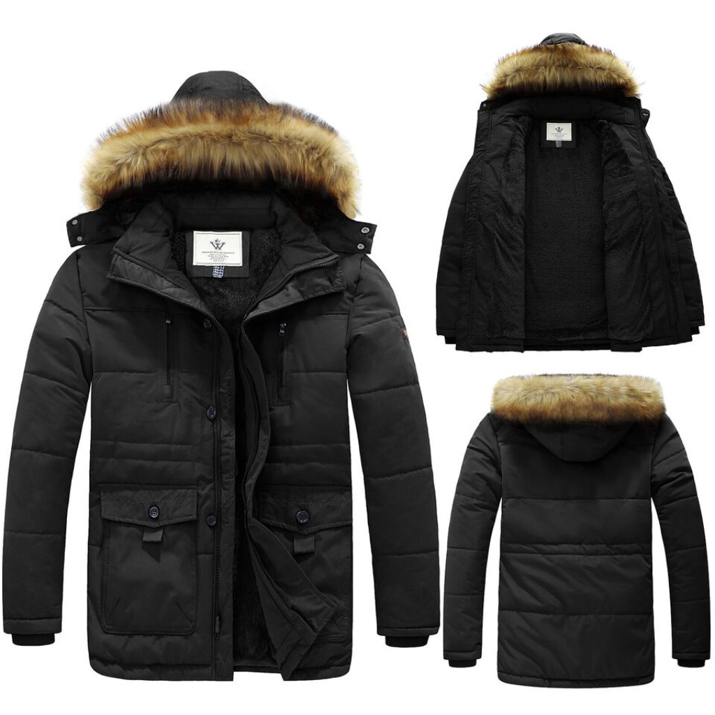 New Wenven Black Winter Puffer Coat Parka Jacket +Fur Trim Removable Hood Men Xl